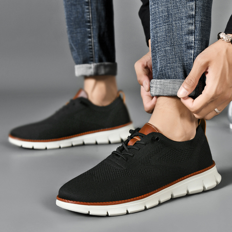 Pure Black Men's Shoes Summer Breathable Mesh Fly-Knit Slip-On Casual Sports Wide Loose Large Size Shoes for Men 4748