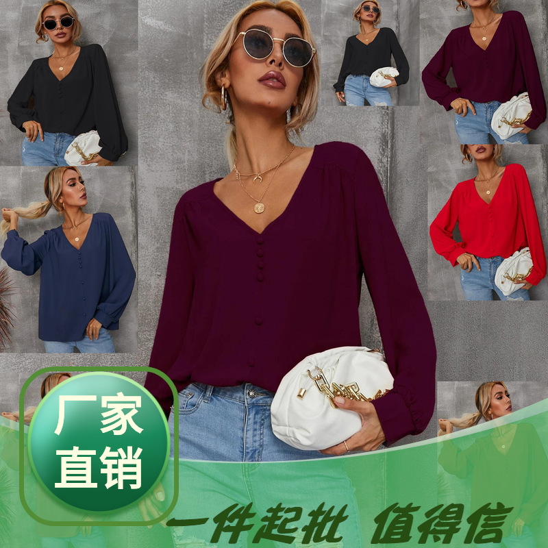 2022 European and American Cross-border Women's Spring and Summer Solid Color Guru Sleeve Head Single-breasted Long-sleeved Chiffon V-neck Blouse