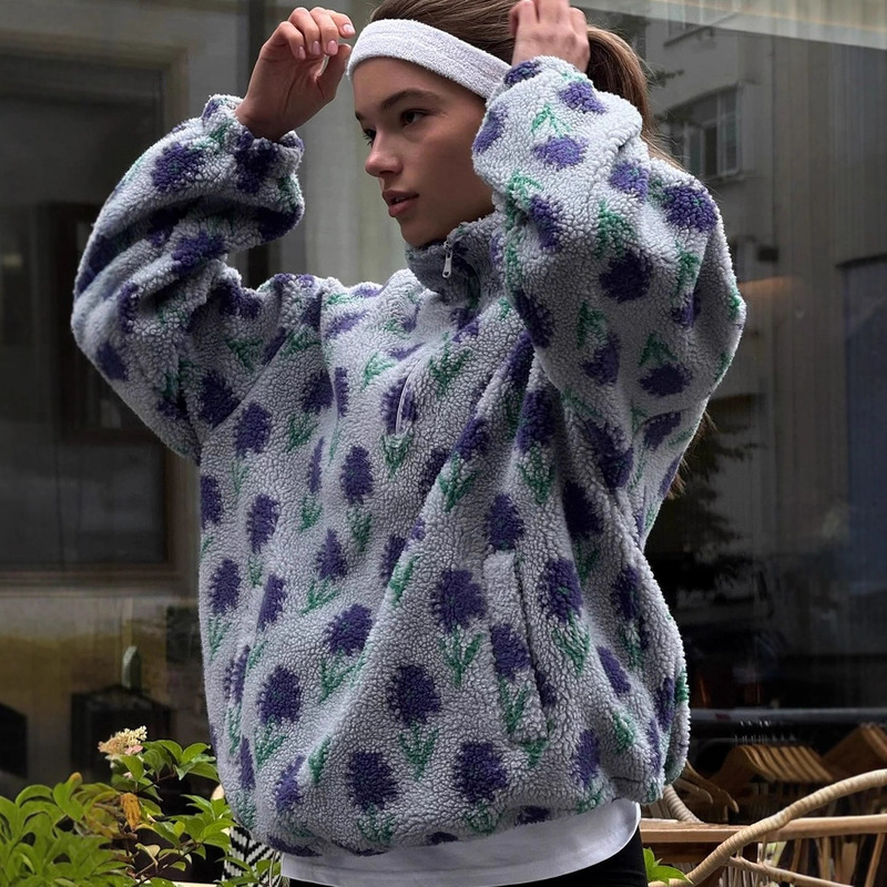 Cross-Border Polar Fleece Jacquard Sweatshirt European and American 2025 Winter New Half-Zip Sweatshirt Velvet Loose Turtleneck Sweatshirt Cross-Border Polar Fleece Jacquard Sweatshirt European and American 2025 Winter New Half-Zip Sweatshirt Velvet Loose Turtleneck Sweatshirt