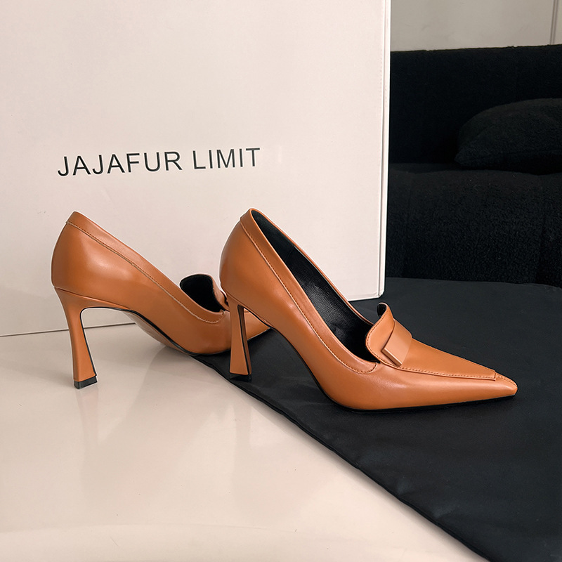 Spring New Orange Cowhide Retro High Heels ~ Pointed Mid-Mouth Slip-on Stiletto Heel Commuter Single Shoes plus size