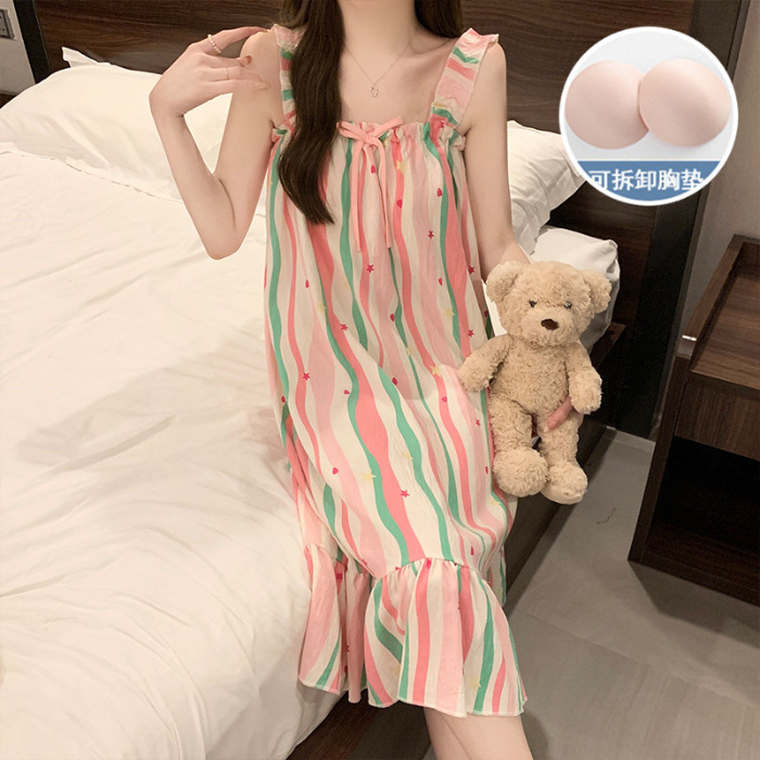 2024 transfronterizos verano esling vestido de pijama de tela de gancho de mujer cojín de pecho dulce se puede usar vestido largo ropa para el hogar