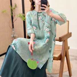 新中式苎麻刺绣连衣裙 2026夏款文艺国风斜襟盘扣宽松女士中长裙