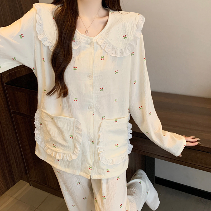 Cute Ins Style Pajamas for Women Cloud Cotton Comfortable Spring and Autum Home Wear Set Doll Collar Cardigan Cherry Print Cute Ins Style Pajamas for Women Cloud Cotton Comfortable Spring and Autum Home Wear Set Doll Collar Cardigan Cherry Print