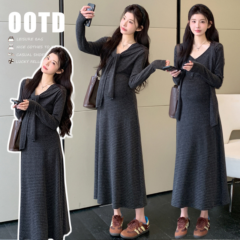 Shawl Dress, Striped Dress, 2026 Style, Spring, Soft, Slim Fit, Long Sleeve, New Relaxed Gray Shawl Dress, Striped Dress, 2026 Style, Spring, Soft, Slim Fit, Long Sleeve, New Relaxed Gray