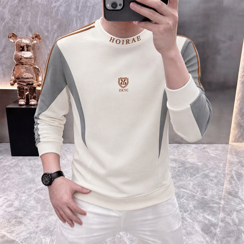 Men's Round Neck Sweatshirt, Korean Style Casual Base Layer, Patchwork Design, Long Sleeve Stylish Top for Young Men, Spring and Autumn Base Shirt