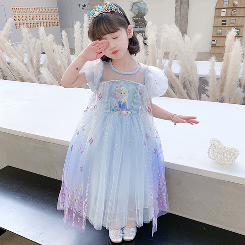 Elsa Princess Dress 2024 Children's Summer New Elsa Medium Long Colorful Flowing Sand Girls' Summer Net Dress