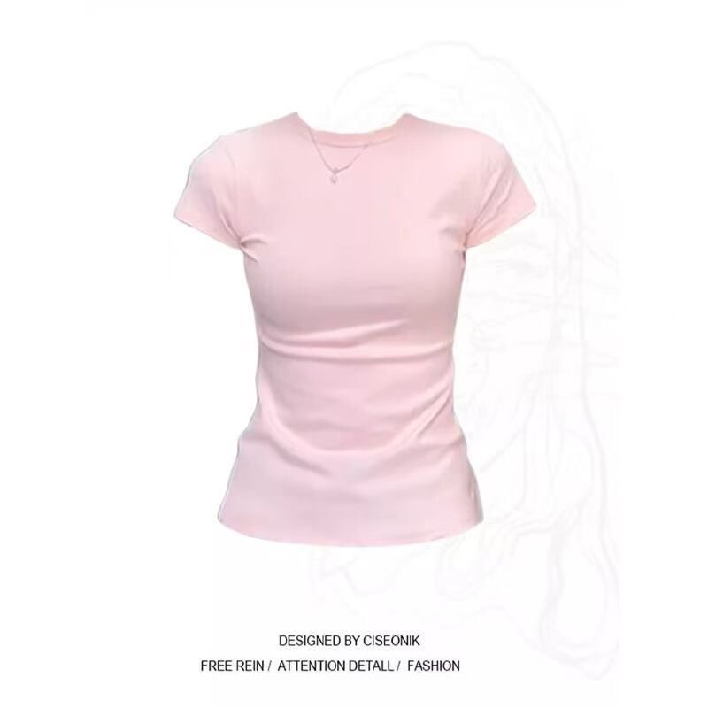 Audwyn Round Neck Short-Sleeve T-Shirt Summer Slim Fit Versatile Solid Color Cotton Basic Style Trendy Ins-Style Top