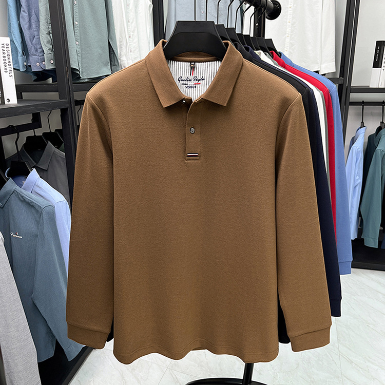 Áo polo nam dài tay cổ bẻ 100% cotton đánh bóng, form regular — nâu vàng chi tiết 11