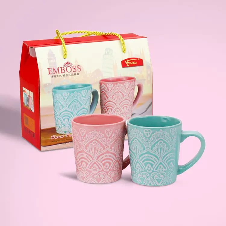 浮雕釉情侣对杯伴手礼杯子陶瓷水杯结婚回礼马克杯新娘创意潮流