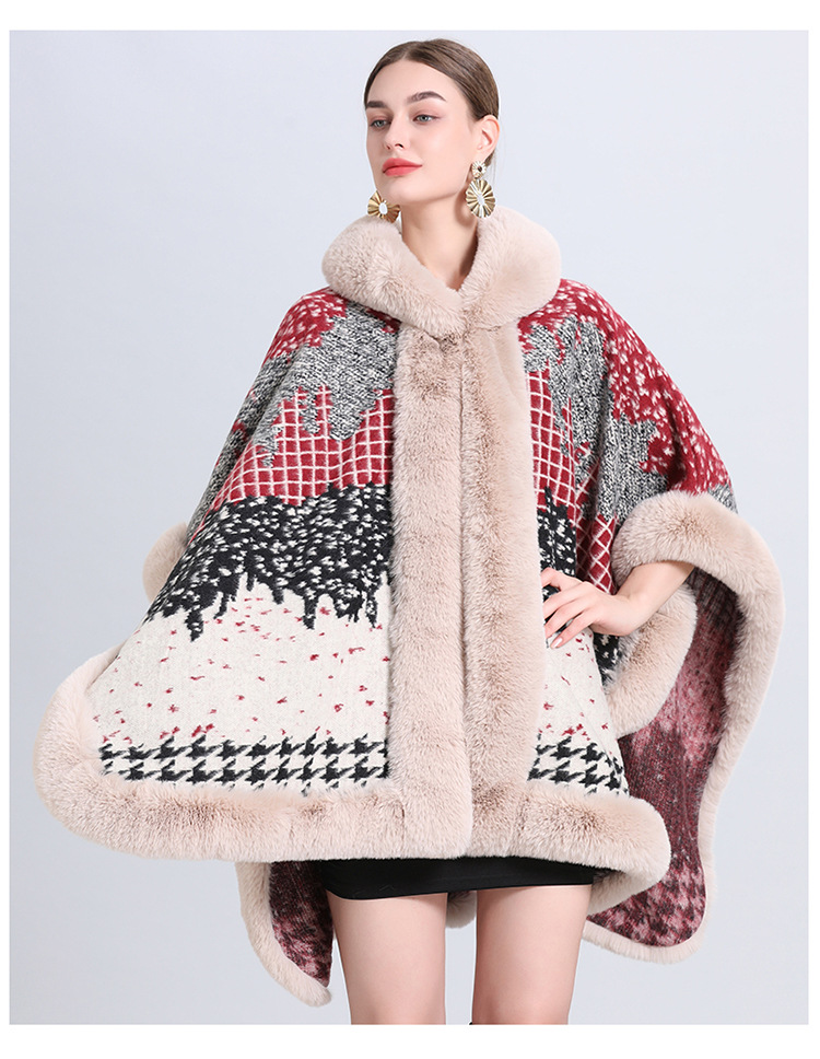 Jacquard Fransen Kapuzenumhang Cape locker gestrickte Strickjacke Übergröße Wollmantel_voghion.com