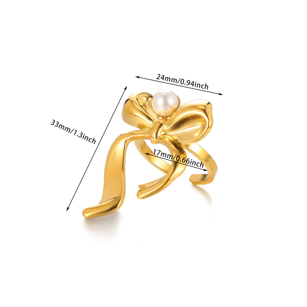 Women's Gender PVD Coated Real Gold Plated Heart Shape Flower Bow Knot 304 Stainless Steel Imitation Pearl Vintage Style Waterproof Non Tarnish Open Rings