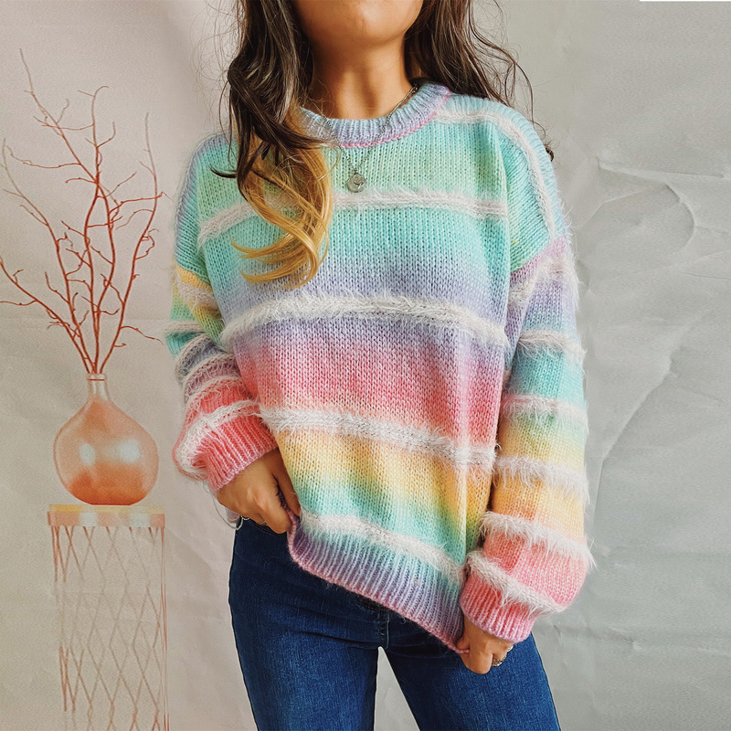2025 Cross-Border Amazon Autumn and Winter Loose Gradient Stripesd Imitation Mink Knitted Round Neck Long-Sleeved Pullover Sweater for Women