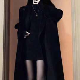 韩系赫本风黑色西装国潮外套女秋冬季2025新款小个子中长款大衣潮