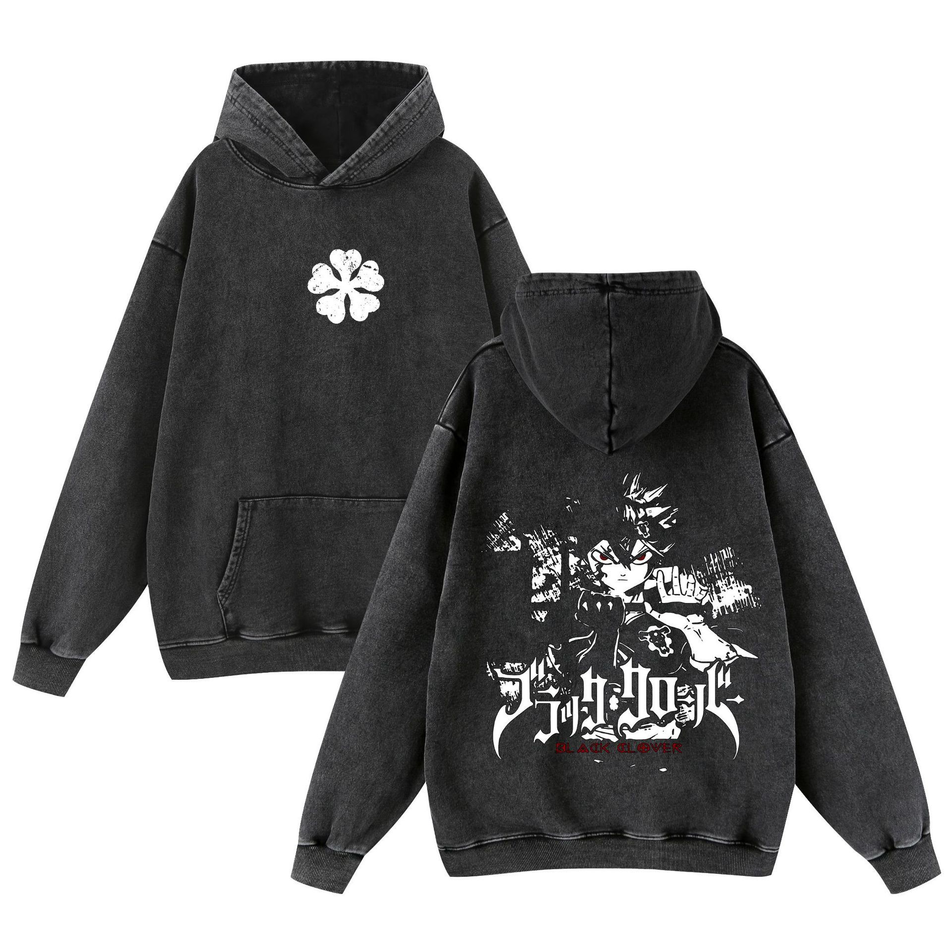 Nuevo trébol negro transfronterizo Black Clover Lavado retro desgastado algodón con capucha suéter hombre