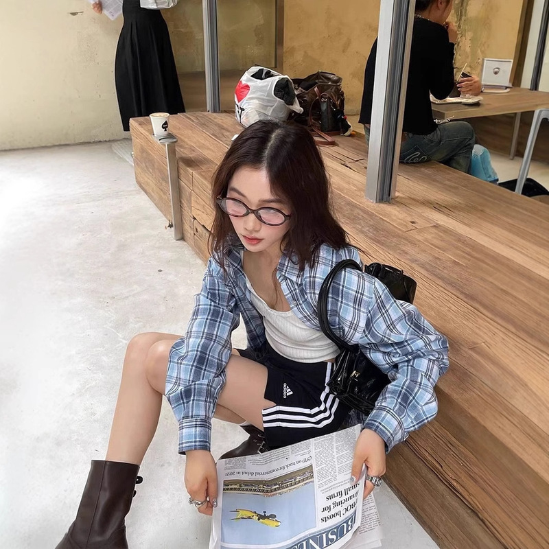 American Style Retro Blue Thin Plaid Shirt Women's Spring and Autumn Design Niche Loose Lazy Hong Kong Style Cardigan Jacket