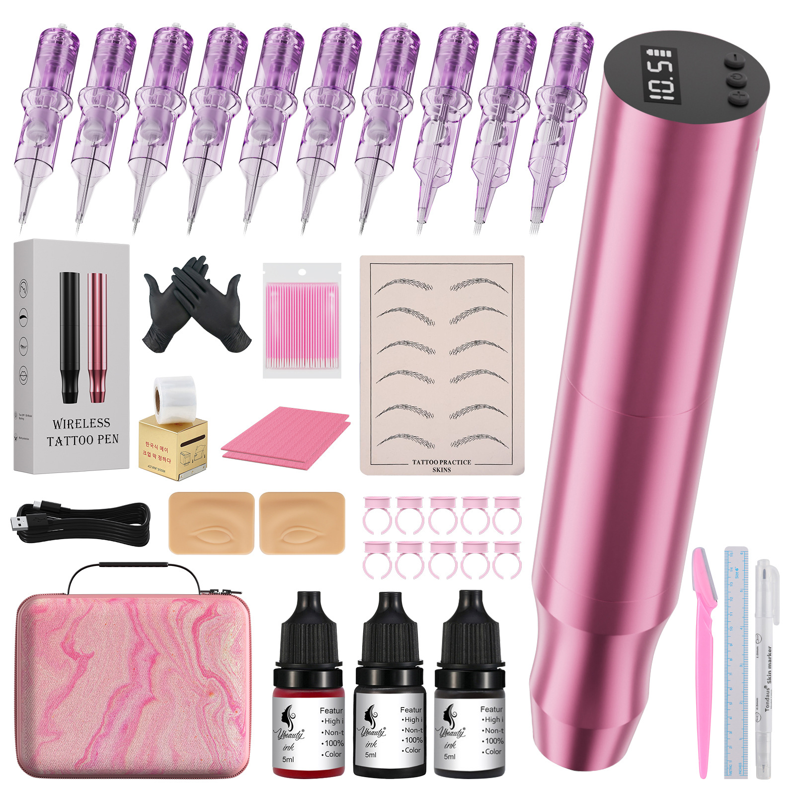 Batería USB inalámbrica pintagon de tatuajes de cejas bordadas herramientas de línea de ojos con bolsa de almacenamiento conjunto completo de suministros de bordado