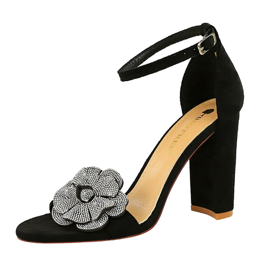 0509-H59 style banquet super high heels round toe women's shoes suede rhinestone flower buckle with thick heel sandals