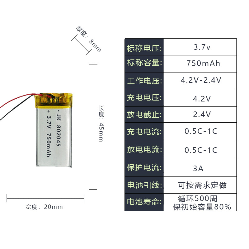 802045-750mAh 배터리 + 보호 보드 콘센트