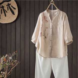 Non-Real Shot 2025 Summer Printed Cotton and Linen Stand-Up Collar Three-Quarter Sleeve Shirt for Women Loose Casual Versatile Top Thin Style