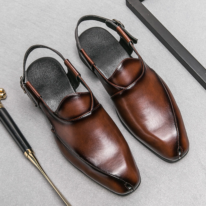 Giày sandal da nam cỡ lớn mũi vuông, quai ngang khóa cài, thoáng khí nhẹ nhàng — 5671 màu nâu, 5671 màu đen