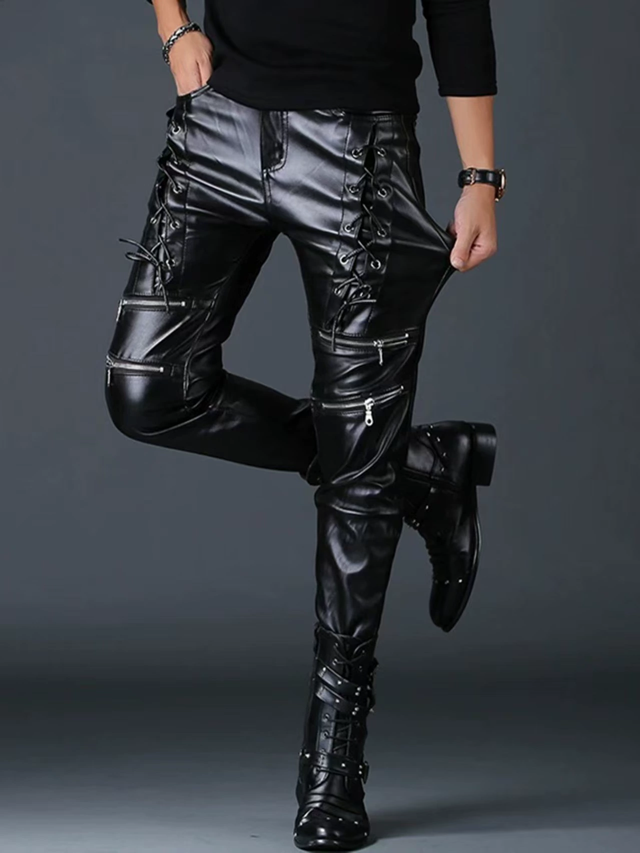 (Cross-border trading), demi-season polyurethane trousers, punk style, slim fit, European style