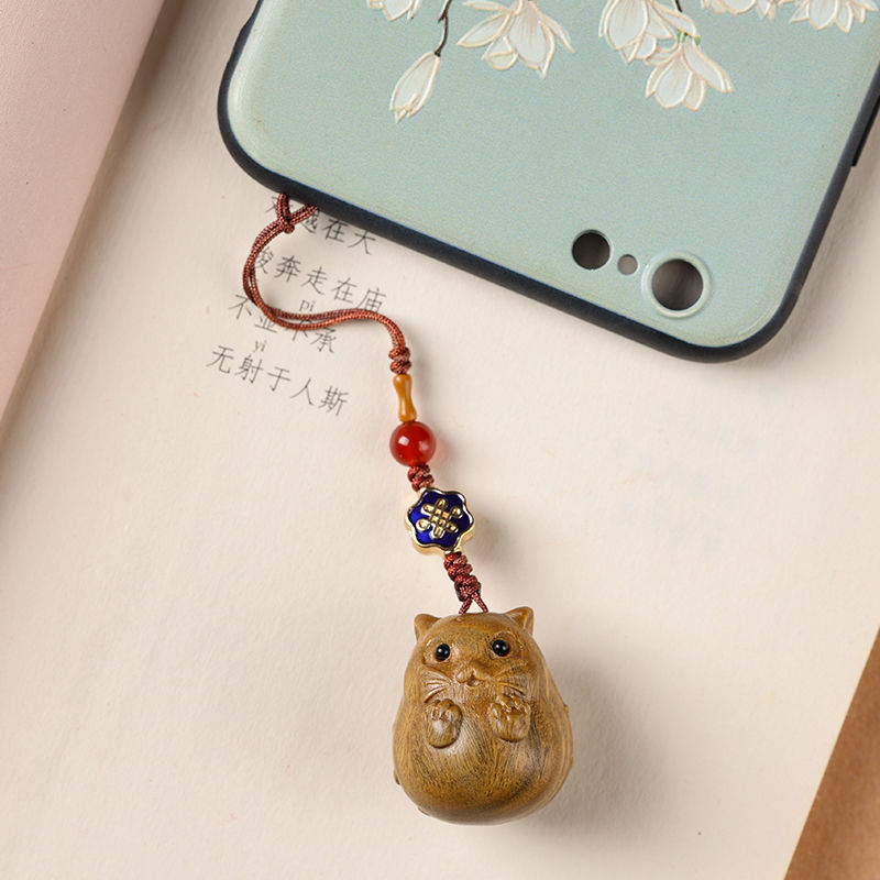 Love Angel Cat sandalwood carving creative cute pendant mobile phone chain car handmade keychain female