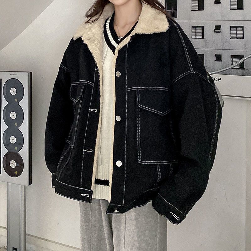 Trendige Winter-Jeansjacke für Damen – Kuscheliger, Fleece-gefütterter, übergroßer Schnitt, stylischer Bombermantel mit Sherpa-Kragen (mehrere Größen und Farben)_voghion.com