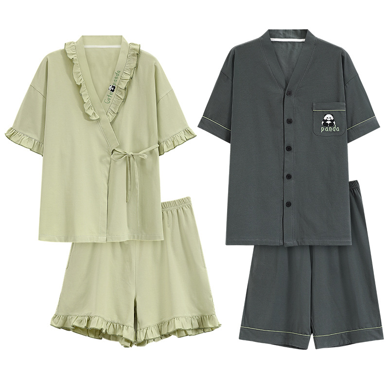 [7A antibacteriano] Pijamas de pareja primavera y verano algodón kimono de manga corta cárdigan con cuello en V traje de servicio a domicilio para hombre