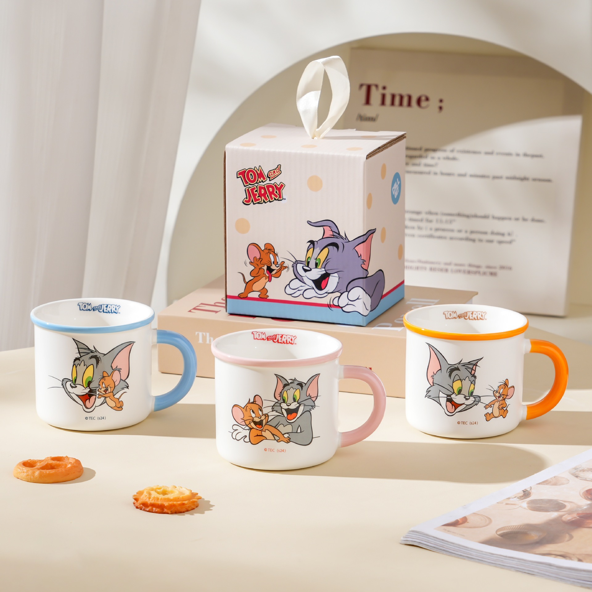 Taza de cerámica de marca compartida de gato y ratón, patrón de dibujos animados, recuerdo, taza de bebida de oficina linda, taza de esmalte de imitación para el hogar