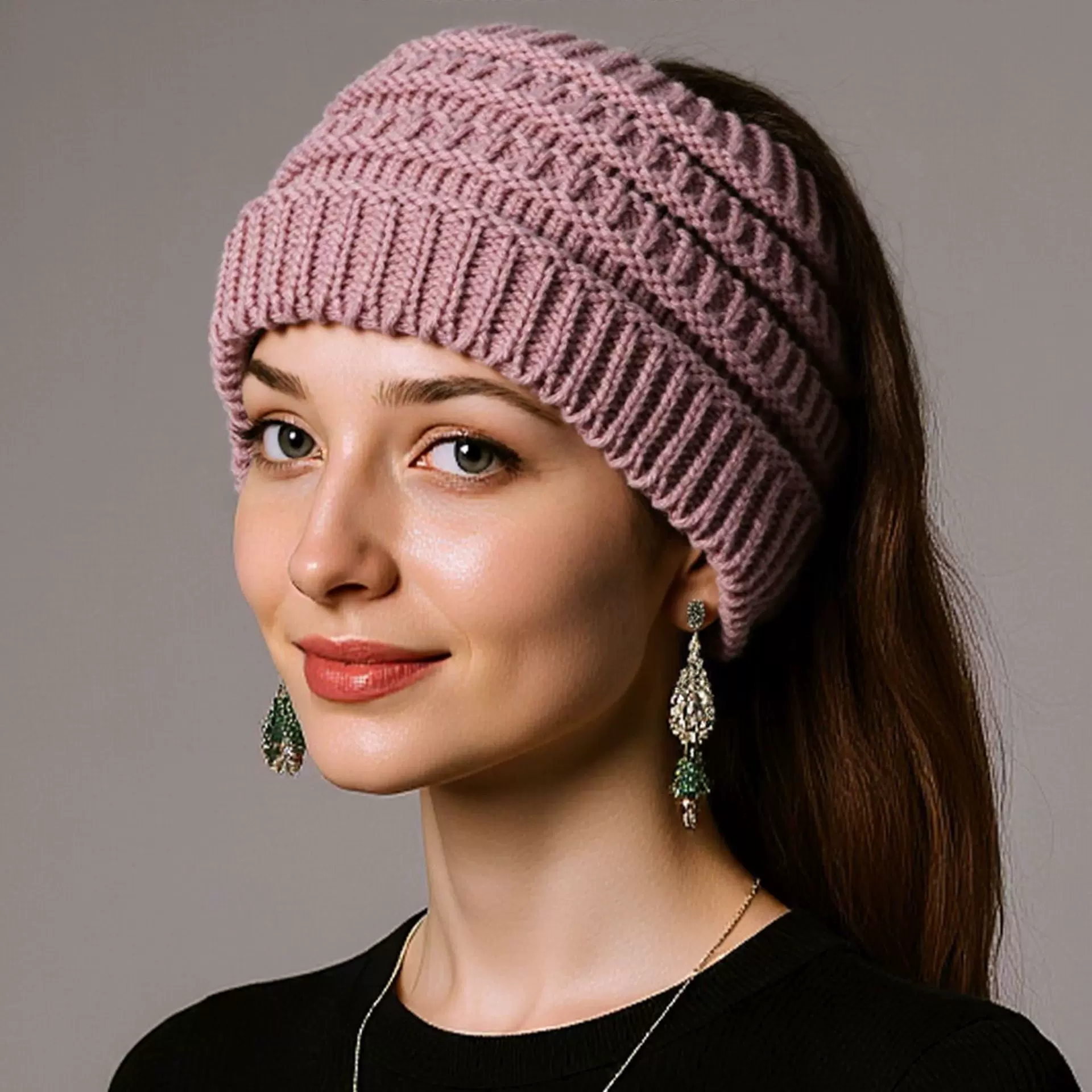 跨境亚马逊新款秋冬女士针织发带加宽洗脸头套空顶马尾毛线帽子