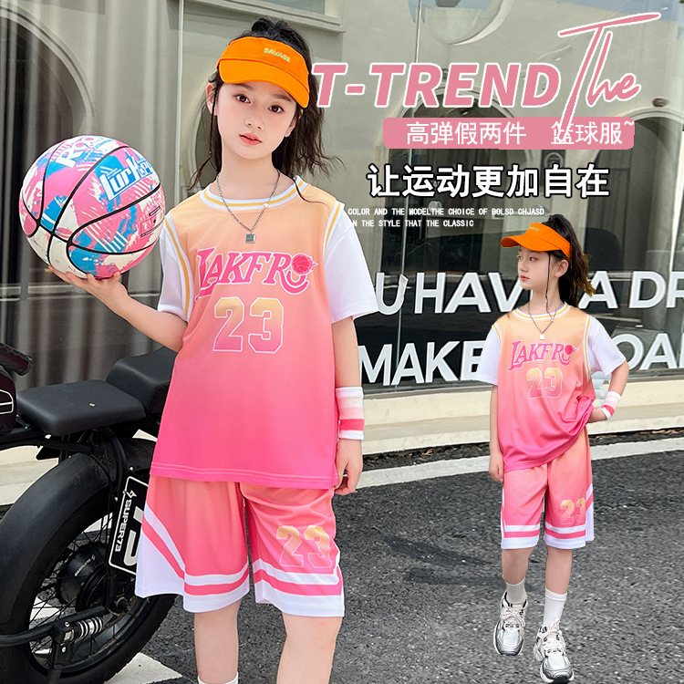 Girls' Summer Sports Suit, Kidsren's Quick-Drying Basketball Uniform, Short-Sleeved Shorts, Casual Two-Piece Set, Loose and Stylish for Older Kidsren