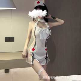 夜歌情趣内衣吊带蕾丝白色透视护士服透明性感制服免脱套装情趣内