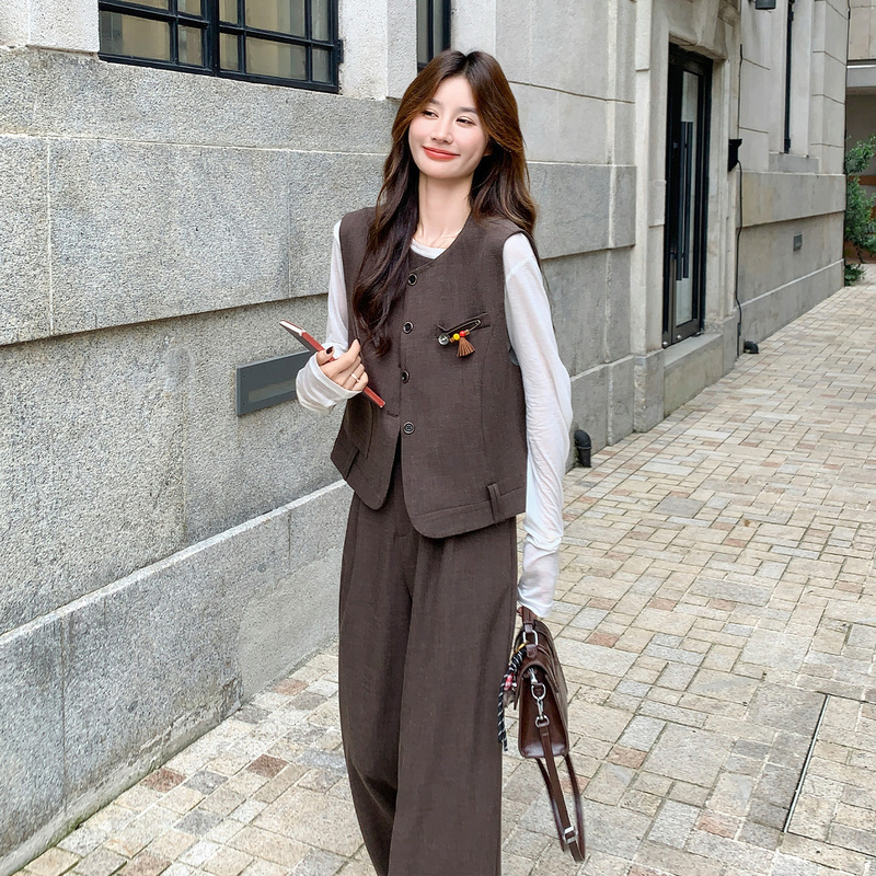 实拍美拉德咖色马甲阔腿裤套装2025秋新款时尚韩系气质减龄两件套|undefined