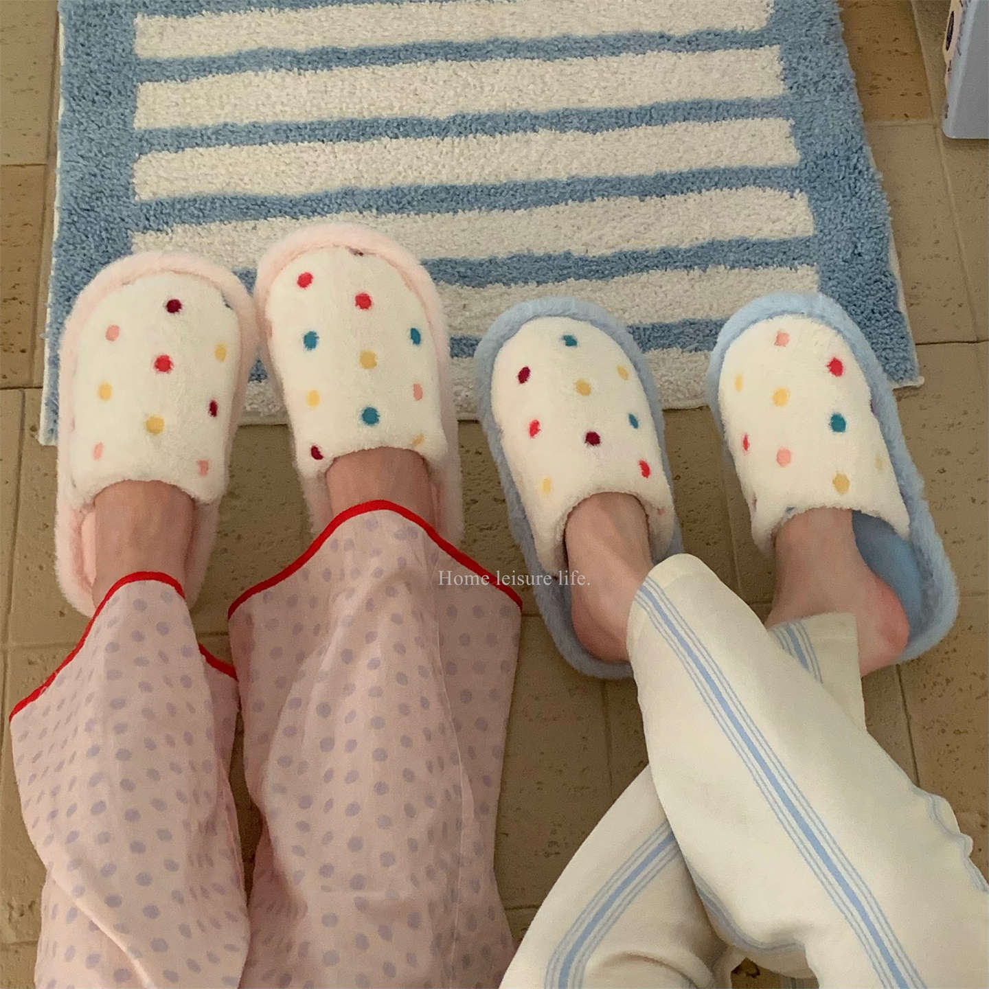 多巴胺彩色波点新款女舒适毛毛鞋秋冬ins保暖可爱时尚包头棉拖鞋