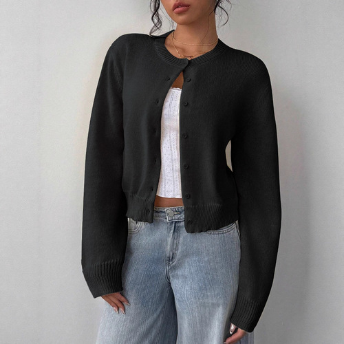 European and American Autumn/Winter Cross-Border Knitwear Women's Fashion Thin Round Neck Long Sleeve Button Short Version Loose Cardigan Top Outerwear