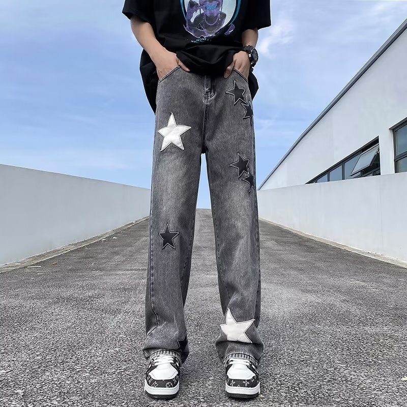 American Style Washed Retro Jeans Men and Women ins Fashion Brand Star Design Sense Natural Waist Loose Casual Wide-leg Pants