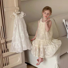 2024夏季新款女童立體花朵掛脖吊帶裙網紗花邊兒童連衣裙ins童裝