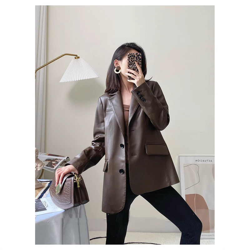 European Coffee Color Haining Goatskin Genuine Leather Jacket for Women 2025 New Mid-Length Small Suit Jacket Spring and Autum