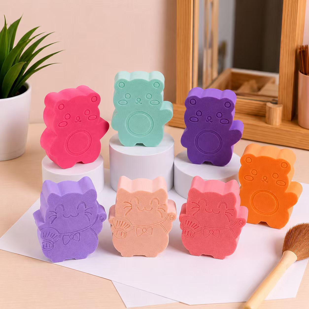 Comercio exterior polvo de oso gatito lindo alto elástico no comer polvo no pegado polvo seco y húmedo de doble uso esponja maquillaje personalizada