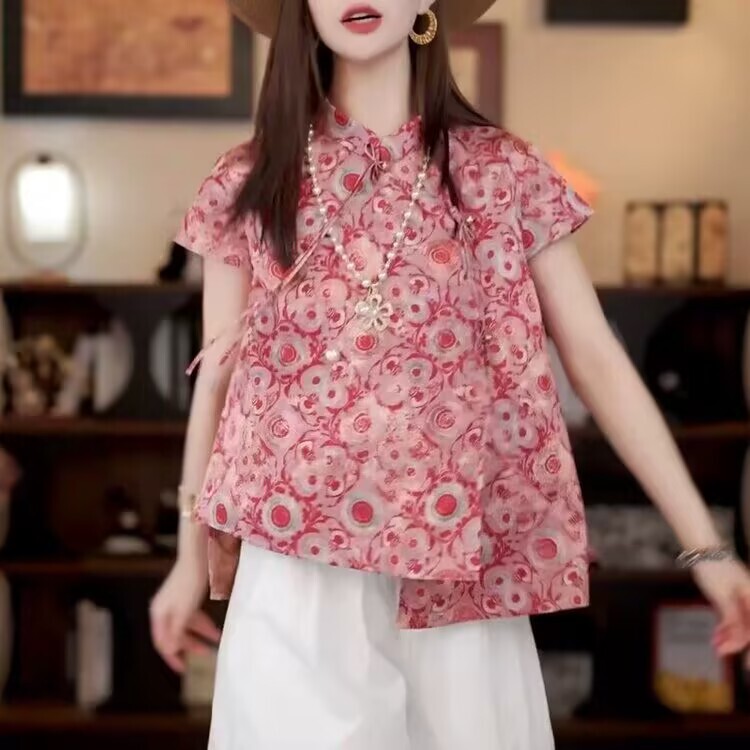 ハイエンドの中国風の女性の夏25ハイエンドの軽い豪華さ、年齢を減らす、西洋スタイル、ユニークで美しい新しい中国風のピンクのジャカードトップ|undefined