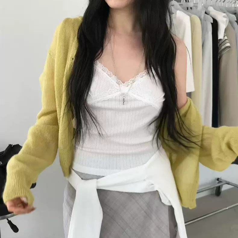 In Stock 2026 Spring New Korean Dongdaemun Lace-Trimmed V-Neck Slim-Fit Slimming Camisole/Candy-Colored Knitted Cardigan