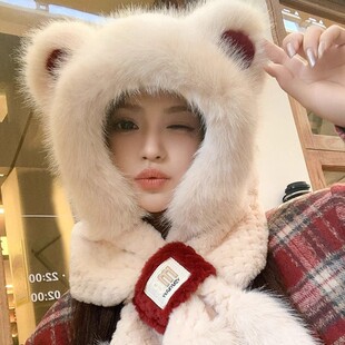 2024 new plush bear hat scarf women's thick warm autumn and winter ear protection hooded scarf