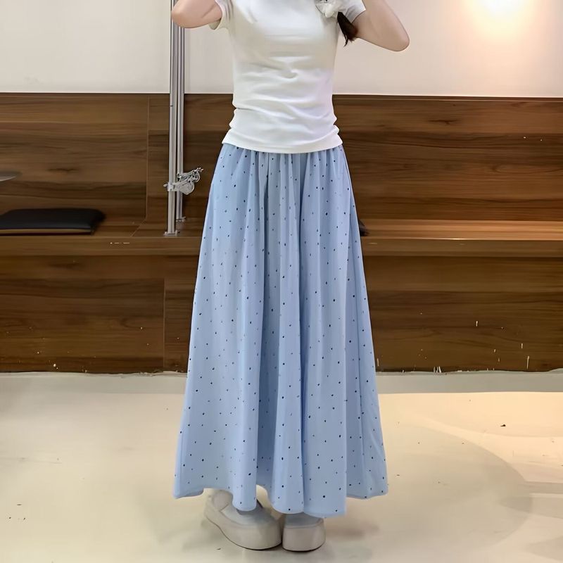 水玉模様の白いスカート女性の夏の新しいハイウエスト A ライン多用途シンプルな痩身ミッドレングスフレンチアンブレラスカートトレンディ|undefined