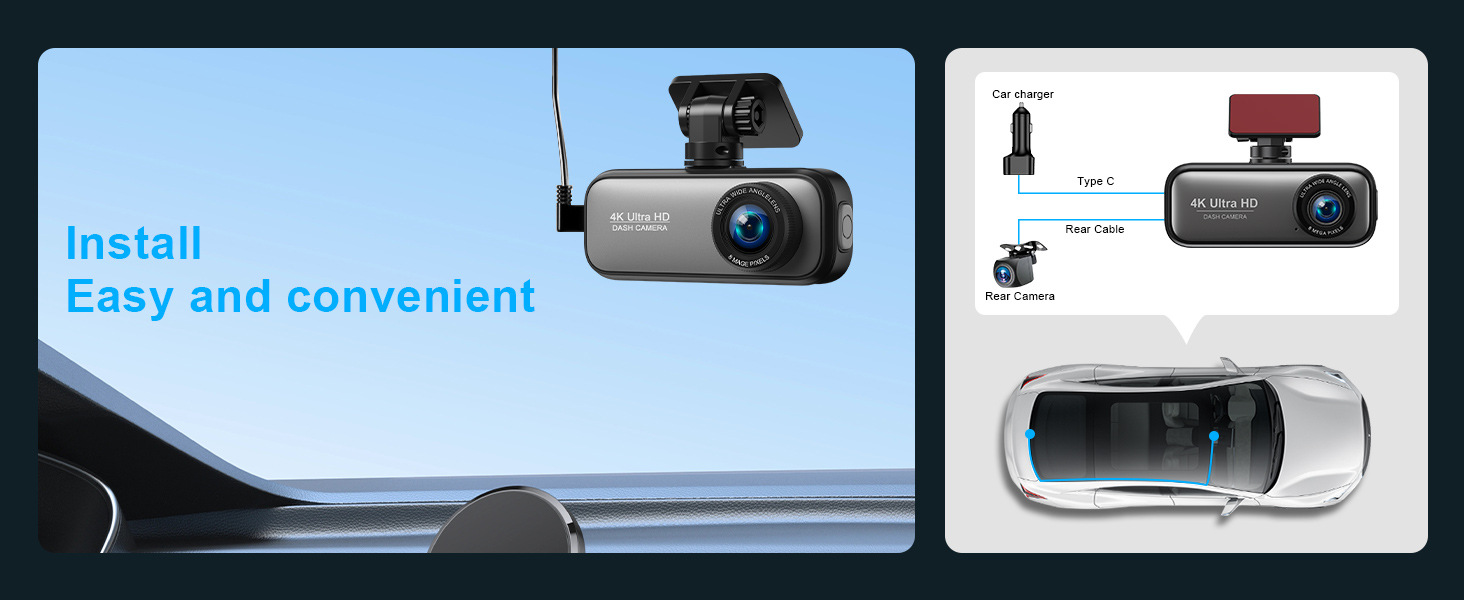 4K Dual Lens Dash Cam HD Wide Angle Night Vision WiFi Front Rear