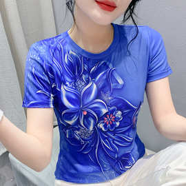 亚马逊新款2024蓝色大花朵短袖t恤外贸欧货女装批发个性印花蝴蝶