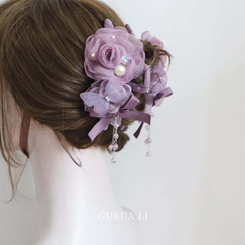 GUKUALI Summer New Purple Flower Crystal Tassel Clip High Elegant Daily All-match Hair Accessories Headwear