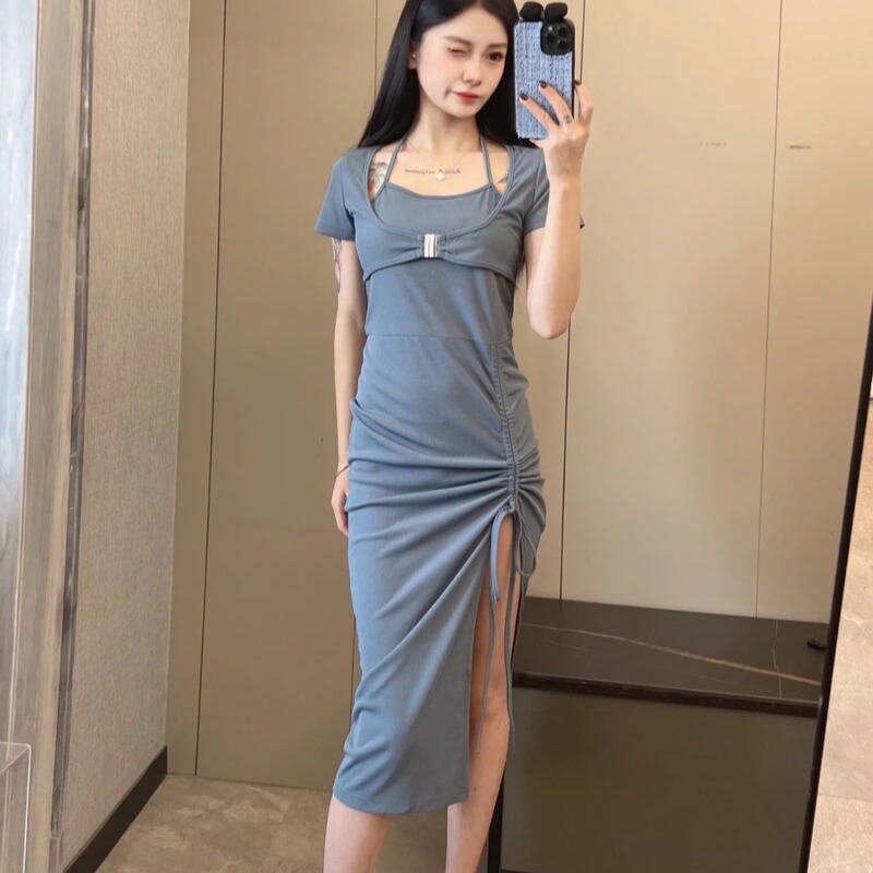24 Spice Girls Pure Desire Sexy Low-cut U-neck Short-sleeved Slim-fit Front Split dress Summer New Women's Hip Skirt 24 Spice Girls Pure Desire Sexy Low-cut U-neck Short-sleeved Slim-fit Front Split dress Summer New Women's Hip Skirt
