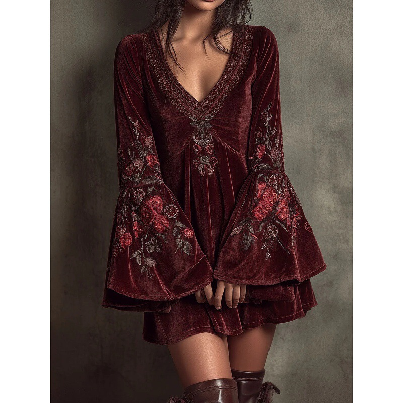 2026 new collection: European and American bohemian-style, flared-sleeve, wine-red velvet embroidered mini dress