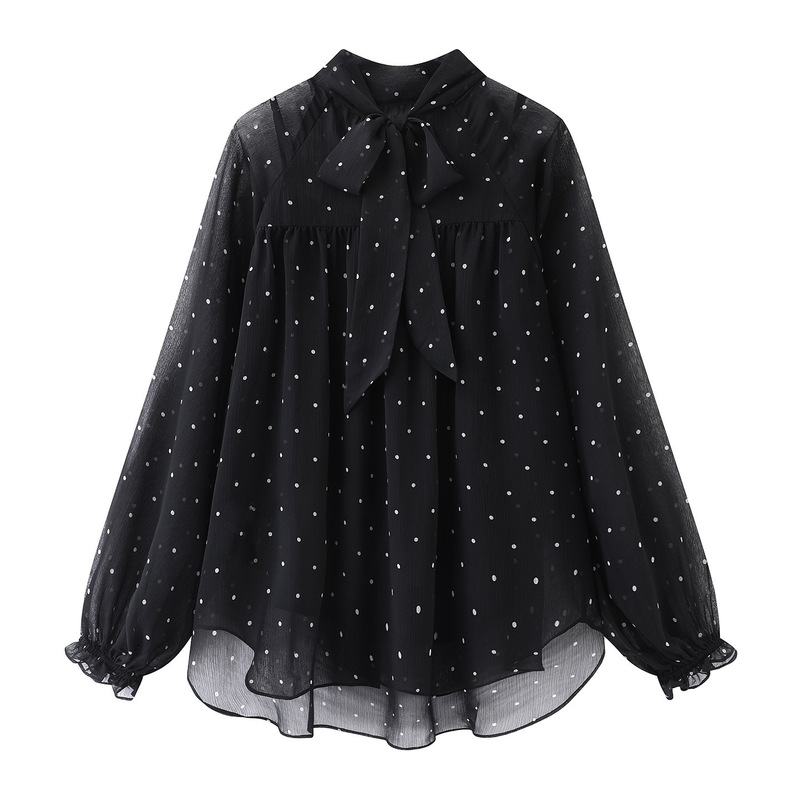 Domestic Brand 2026 Summer New Black Polka Dot Chiffon Ribbon Long-Sleeve Shirt Top for Women A1Cdg1441 Domestic Brand 2026 Summer New Black Polka Dot Chiffon Ribbon Long-Sleeve Shirt Top for Women A1Cdg1441