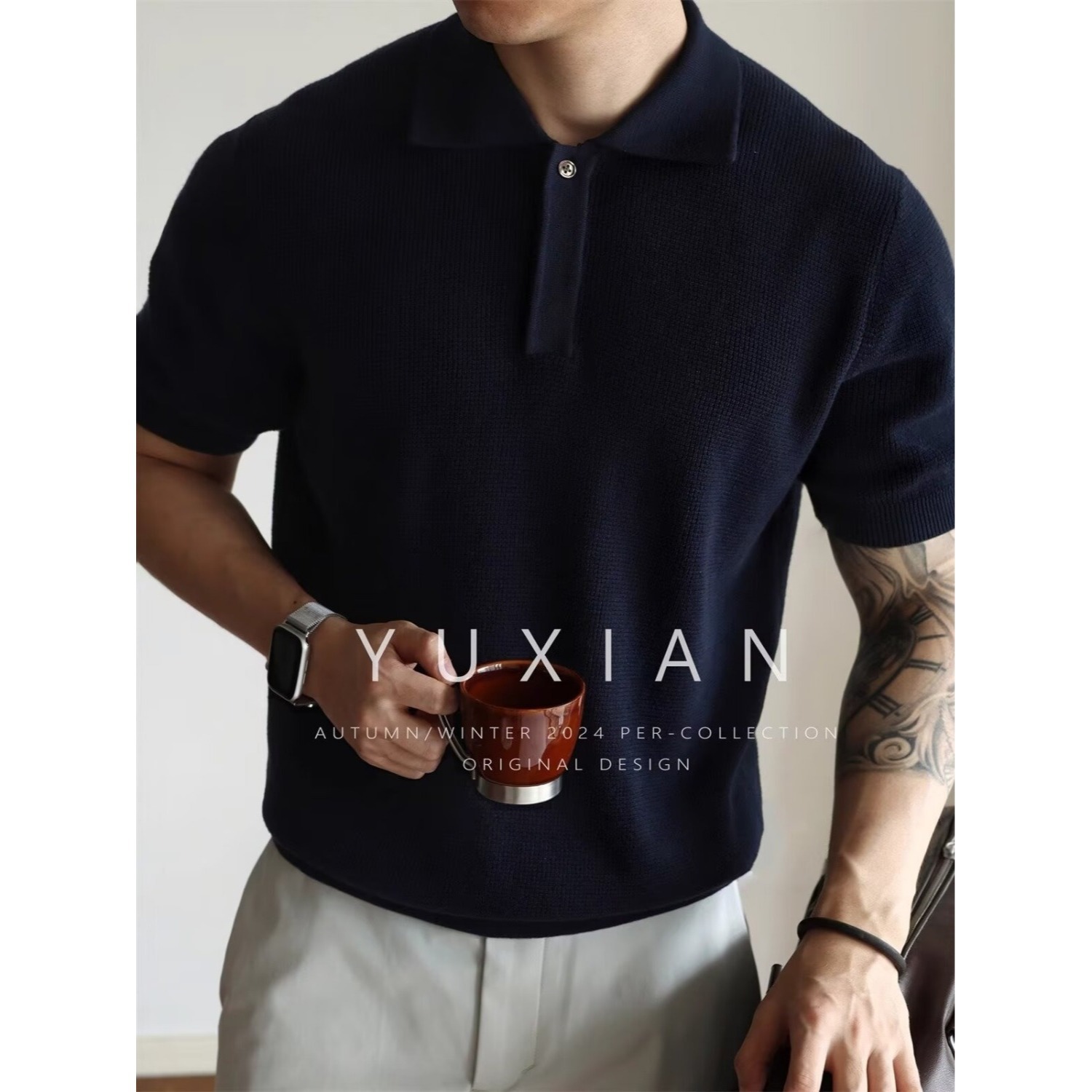 American Style Hidden Placket Lapel Knitted Short-Sleeved Shirt Casual Business Retro Men's Lapel Half-Sleeved Summer